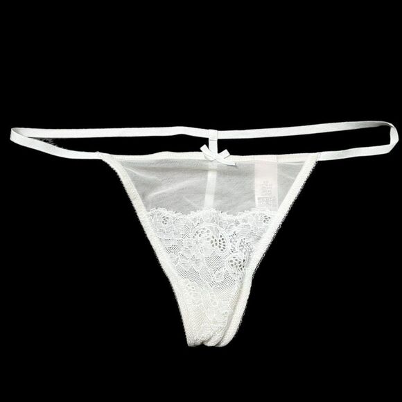 Victorias Secret Sexy Lace & Sheer Mesh V string panty Ivory Large - Picture 1 of 2